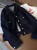 Jaqueta Jeans Workwear Vintage com Costura Contrastante para Mulheres, Estilo Fino para Primavera e Outono, Curta Petite Slim-Fit Estilo Bf Top de Estudante