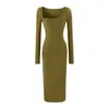 Estilo puro y seductor, escote cuadrado, vestido largo ajustado para mujer, con pliegues laterales, cintura elástica, corte favorecedor y mangas largas