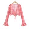 Cárdigan de Malla a Cuadros con Mangas de Cuerno Protector Solar para Mujer, Verano, Estilo Chica Caliente, Diseño con Cordones, Top Camisa Corta