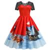 C Roupas Femininas Transfronteiriças Outono e Inverno Europeu e Americano Natal Venda Quente Renda Costas Abertas Manga Curta Estampa de Posicionamento Barra Larga