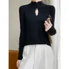 Suéter chino vintage para mujer, cuello alto, color liso, botones, hueco, corte ajustado, adelgazante, lana peinada, tejido fino, manga larga