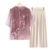 Conjunto de Camisa de Chiffon de Manga Curta de Verão para Mães, Senhoras de Meia-Idade e Idosas, Estilo Novo da Moda da Vovó, Roupa Estilo Chinês para Sogra de Verão