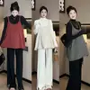 Moda Gestante 2026 outono e inverno calça de gestante que faz as pernas parecerem mais longas, calça longa de tricô versátil com fenda e alças ajustáveis