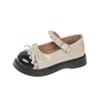 Zapatos Pequeños de Cuero Redondos Estilo Francés Retro con Velcro y Lazo para Niñas, Nuevos Zapatos de Princesa Perlados para Primavera y Otoño 2025