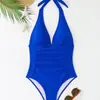 Bañador de una pieza estilo halter con escote en V profundo, nuevo estilo europeo y americano, para mujer, color liso, ajustado, sexy, para resort de aguas termales, playa