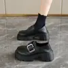 Zapatos de Mujer Primavera y Verano Nuevo Estilo Velcro Punta Ancha Plataforma Suela Gruesa Zapatos de Piel Estilo Británico JK Versátiles Mocasines