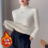 Suéter de veludo de peça única engrossado com gola semi-alta novo outono e inverno forrado com lã quente interno combinável camisa básica de malha