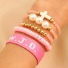 Pulseira com Cruz WWJD Turquesa, Pérola Rosa Cristal, Cerâmica Macia com Contas, Conjunto de 5 Peças, Joias para Mulheres
