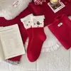 Meias de Lã Australiana Vermelhas para Mulheres, Engrossadas para Outono e Inverno, Meias Listradas Estilo Coreano para Ano Novo, Meias de Chão Vermelhas Vibrantes com Desenhos para Dormir