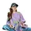 Camiseta roxa tie-dye de algodão puro, comprimento médio, manga curta, para mulheres, nova, de verão, color blocking graffiti cor dopamina, top solto