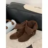 Primer Encuentro Ji Meilade Hebilla de Cinturón Bota Vaquera Botas de Caña Media Arrugadas de Dos Vías Otoño/Invierno Versátiles Adelgazantes Retro