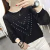 Camisa Básica de Tricô de Seda Gelo Chiffon Nova para Primavera e Outono Manga Longa Gola Redonda Elegante Estilo Ocidental Visual Emagrecedor Suéter Solto
