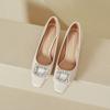 Zapatos Negros de Tacón Alto con Pies Elegantes y No Cansados 2025 Nuevo Primavera y Otoño Punta Cuadrada Pedrería Francesa Hebilla Cuadrada Tacón Grueso Flats de Boca Baja