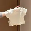 2026 Camiseta Branca de Manga Curta para Mulheres Estilo Doce e Fofo Estampa de Desenho Animado com Borda de Babado Top Tendência