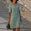 Vestido de Otoño Algodón y Lino Europeo y Americano 2023 Cuello en V Pequeño Empalmado Retro Color Puro Manga Tres Cuartos para Mujer