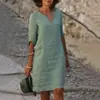 Vestido de Verano 2023 Amazon Europeo y Americano de Algodón y Lino con Cuello en V Pequeño, Patchwork, Transfronterizo, Color Sólido y Manga Tres Cuartos para Mujer