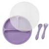 Prato de silicone infantil com compartimentos, tampa contra poeira com ventosa, conjunto garfo e colher, grau alimentício, utensílios para suplementos alimentares, transfronteiriço em estoque