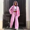 Conjunto de Moletom com Capuz Cor Lisa para Comércio Exterior Feminino 2026 Outono Inverno Esportivo Casual Jaqueta Solta Calça Longa Conjunto de Duas Peças Roupas Femininas