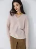 Suéter de Cachemira con Cuello en V Estilo Perezoso para Mujer de Manga Larga Falso Dos Piezas Moda Holgado Adelgazante Tejido Versátil Capa Base