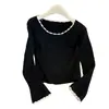Suéter Corto de Punto con Cuello en U y Volantes para Mujer Primavera/Otoño 2026 Nuevo Ajustado Prenda Base de Punto Top para Mujer