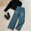 Jeans Moderno Vintage Azul Slim-Fit Novo Outono 2026 para Mulheres, Calças de Cintura Alta Perna Reta com Fenda Wide-Leg, Calças Longas Tendência
