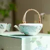 Juego de Té Verde con Flor de Hortensia Azul Pintada a Mano, Tetera, Tazón con Tapa, Juego de Té Cerámico Estilo Fresco Kung Fu, Taza de Servicio, Taza de Degustación