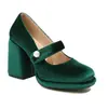 Saltos Altos Femininos, Veludo Dourado Bico Redondo Salto Grosso, Saltos Super Altos, Sapato Feminino com Fivela de Uma Tira, Saltos Altos com Plataforma Impermeáveis Verdes, Sapatos Femininos