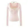 Camiseta de manga larga con cuello en U estilo perezoso, top corto de tirantes para mujer con sujetador incorporado, conjunto casual