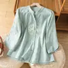 Cárdigan Retro Bordado Cuello Alto Manga Siete Camisa para Mujer Holgada 2026 Verano Nueva Ropa de Mujer Top con Sentido del Diseño Camisa