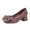 Zapatos de Mujer Elegantes de Piel Suave Morado de Tacón Medio de Boca Baja Nuevos para Primavera y Otoño 2025 con Lazo de Pedrería y Punta de Tacón Alto