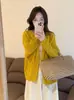 Cardigan de Tricô Amarelo Estilo Doce para Mulheres, Temporada de Primavera, Caimento Solto, Emagrecedor, Blusa de Manga Longa com Renda, Jaqueta, Suéter, Vazado, Macio