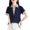 Camisa Falsa de Dos Piezas para Mujer Camiseta de Algodón de Manga Corta Estilo Moda Verano Nuevo Algodón Holgada Rayada Cuello Solapa Top Dropshipping