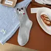 Calcetines dulces de oso estilo japonés para otoño e invierno para mujer, calcetines de encaje a media pantorrilla estilo universitario, calcetines casuales versátiles lindos de dibujos animados para mujer