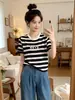 Nova Moda Coreana de Verão Camiseta Bordada com Listras de Frutas de Manga Curta para Mulheres, Top Casual Versátil Soltinho com Gola Redonda