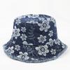 Chapéu de Pescador Bordado com Flores Frescas de Novo Estilo Transfronteiriço Jeans Estilo Coreano Lavado Desgastado Chapéu de Bacia com Babados Moderno para Mulheres