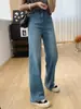 Jeans Reto Slim de Cintura Alta com Elasticidade em Quatro Direções para Mulheres, Calças Largas Estreitas de Perna Larga para Primavera e Verão, Calças Longas, Calças de Comprimento Total