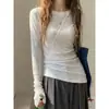 Camiseta negra de cuello redondo con hombros caídos y manga larga para mujer, diseño vanguardista, para otoño e invierno, como prenda interior, para ir al trabajo, corte ajustado, moldeadora, top básico versátil