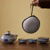 Tetera Azul y Blanca Cerámica Dehua Lujo Accesible Gama Alta Tetera Individual Estilo Chino Retro Pie Abierto Tetera de Mano Juego de Té Kung Fu