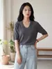 Suéter de punto de lana para mujer con cuello en U, hombro normal, manga corta, colección otoño 2026, versátil de corte ajustado para llevar debajo, con cuello redondo bajo