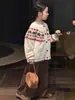 Suéter de Outono Infantil para Meninas, Cardigan de Tricô Floral Estilo Coreano, Suéter Fair Isle de Caimento Solto para Crianças