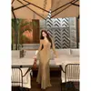 Vestido caqui de manga acampanada para mujer, vestido de otoño de manga larga con cinturón y cuello en V, diseño transparente, vestido midi de línea A que ciñe la cintura