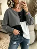 Suéter de tricô com blocos de cor, best-seller transfronteiriço europeu e americano, tamanho plus size, para outono e inverno, com gola redonda, cores contrastantes, padrão de grade quadrada, ombro caído e mangas compridas