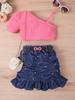 Amazon cross-border roupas infantis meninas colete de cor sólida top sem mangas Denim bolsa aberta saia plissada terno cinto