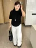 Top versátil de cuello semi-alto para mujer talla grande, estilo otoño 2026, camiseta de punto holgada de manga corta fruncida para mujer talla grande