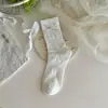 Songmu"Meias de Verão Finas com Laço de Couro, Malha Vazada, Sem Costura, para Mulheres, Meia de Cano Médio, Meias de Algodão, Meias Largas