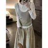 Top de tricô de duas peças de alta qualidade estilo coreano em blocos de cor com gola e mangas compridas justas, da marca Yiwen Qingwu