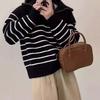 Suéter de Moda Casual Tejido a Rayas Color Block de Otoño e Invierno Nuevo Transfronterizo con Solapa y Media Cremallera para Mujer