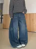 Pantalones de mezclilla lavada para hombre, estilo retro americano con estampado de relámpagos, corte holgado, pierna recta, pierna ancha, largo hasta el suelo, al por mayor