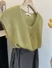 Top de punto corto hueco con cuello redondo para mujer, ajuste holgado de verano, diseño adelgazante, cobertura única protectora del sol, estilo fino