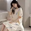 Pijama Feminino de Verão algodão artificial fofo de manga curta camisola desenho animado tamanho plus size verão fino vestido longo roupa de casa pode ser usado fora